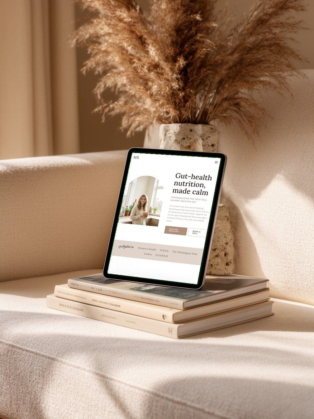 A tablet on a stack of books showing one of our website designs